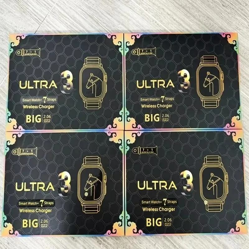 7 in 1 X10 Ultra 3 Smart Watch With Curved Display For Men & Women With 7 Straps Smartwatch (Black, orange, black ocean, green, brown, cream, gold metal chain Strap, 2.06 inches)