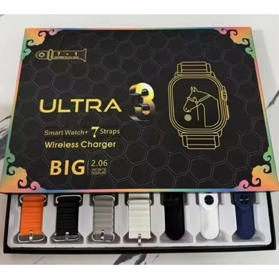 7 in 1 X10 Ultra 3 Smart Watch With Curved Display For Men & Women With 7 Straps Smartwatch (Black, orange, black ocean, green, brown, cream, gold metal chain Strap, 2.06 inches)