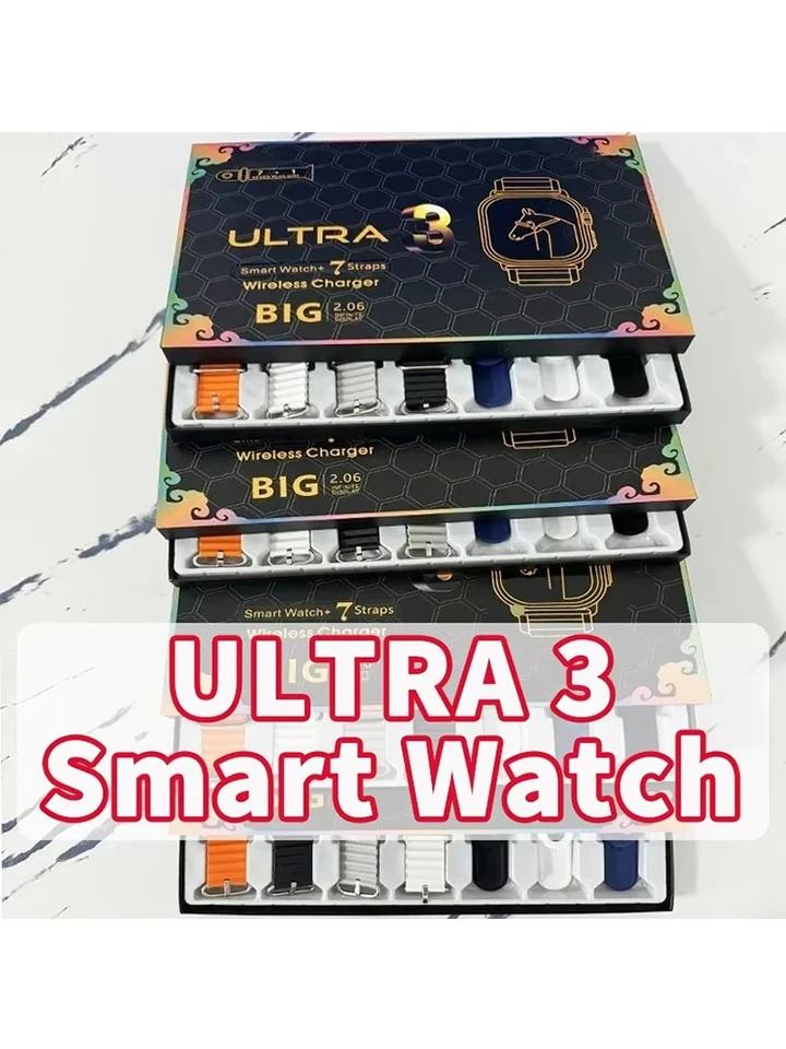 7 in 1 X10 Ultra 3 Smart Watch With Curved Display For Men & Women With 7 Straps Smartwatch (Black, orange, black ocean, green, brown, cream, gold metal chain Strap, 2.06 inches)