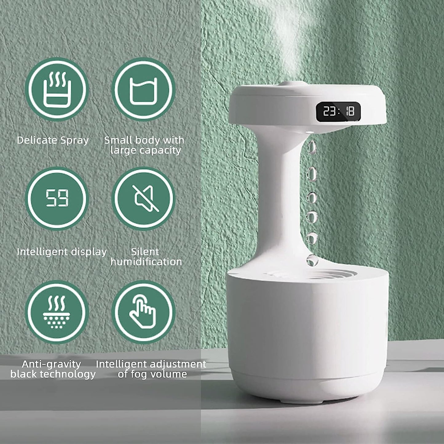 Anti Gravity Air Humidifier With Warm Night Light & LED Display | Ultrasonic Cool Mist Aroma Diffuser | Fine Mist Spray | Quiet Operation | Anti-Gravity Water Droplet Humidifier | Creative Air Aromatherapy for Home Bedroom Office (white)