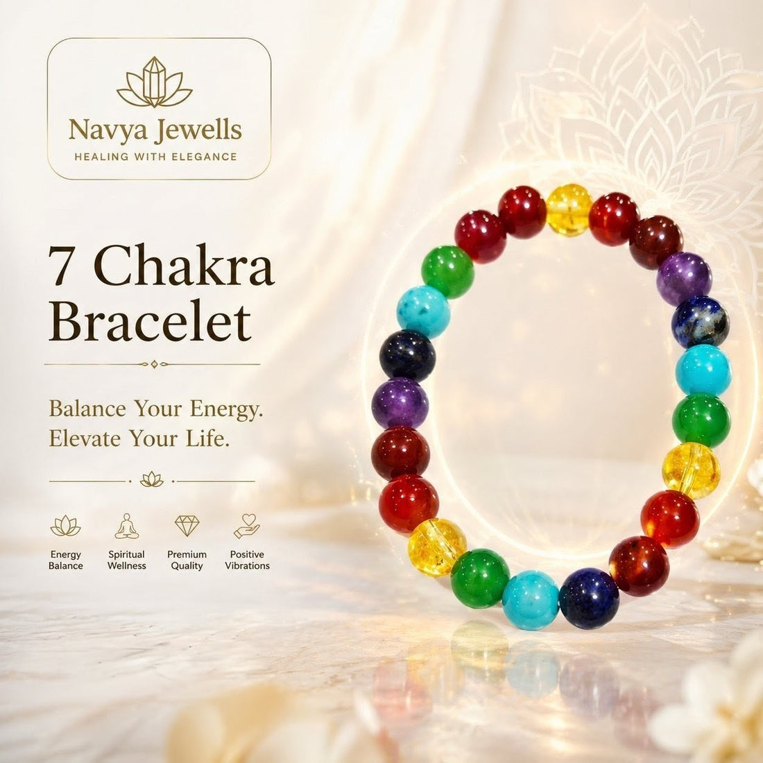 7 Chakra Bracelet with colorful beads representing seven energy chakras for balance and healing