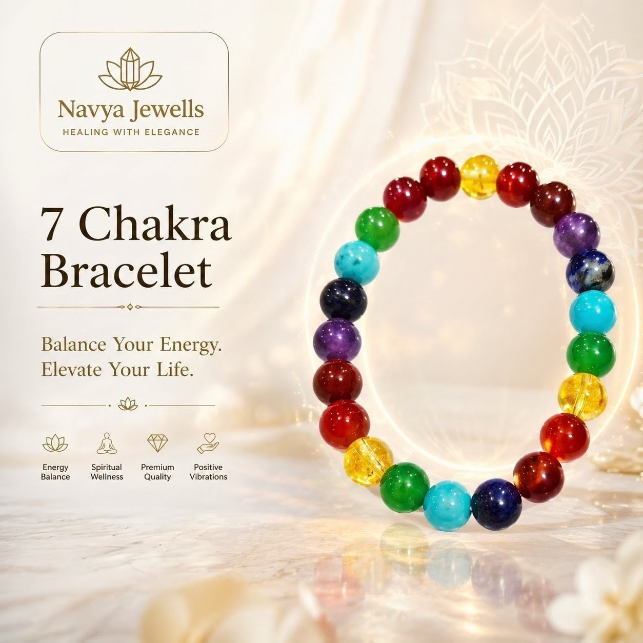 Close up of 7 Chakra Bracelet showing multicolor beads representing root, sacral, solar plexus and heart chakras