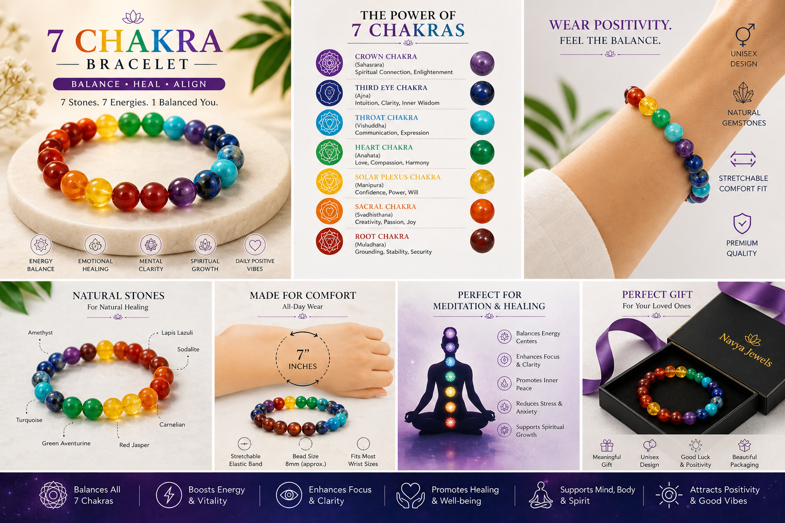 7 Chakra Bracelet worn on wrist for energy balance, positivity and spiritual healing