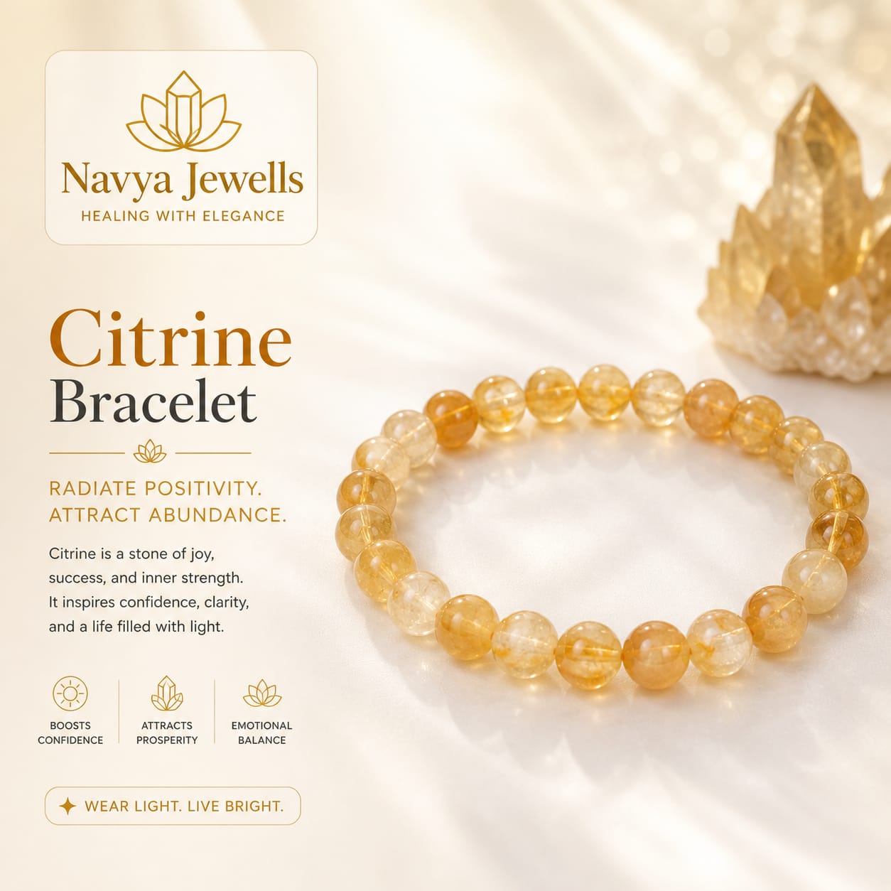 Close up of natural citrine crystal bracelet showing polished golden gemstone beads