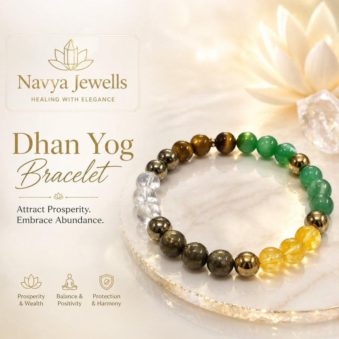 Dhan Yog Bracelet with Citrine, Pyrite, Green Aventurine, Tiger Eye and 3 Clear Quartz beads for wealth and prosperity