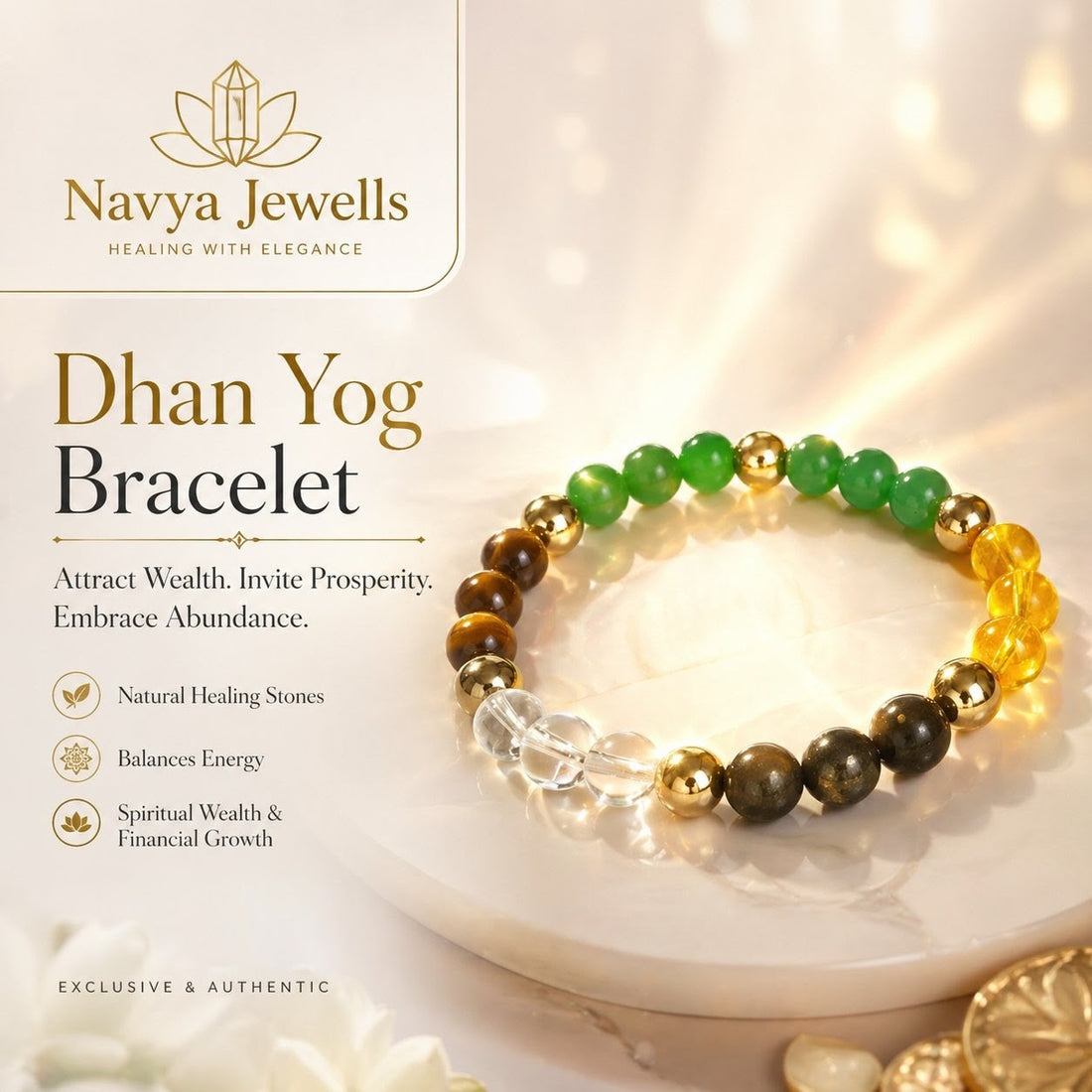 Dhan Yog Bracelet with Citrine, Pyrite, Green Aventurine, Tiger Eye and 3 Clear Quartz beads for wealth and prosperity