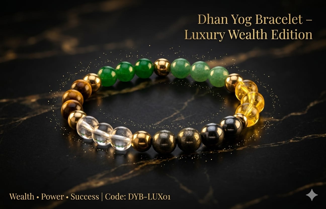 Close up of Dhan Yog Bracelet showing natural gemstone beads including Citrine, Pyrite and Clear Quartz