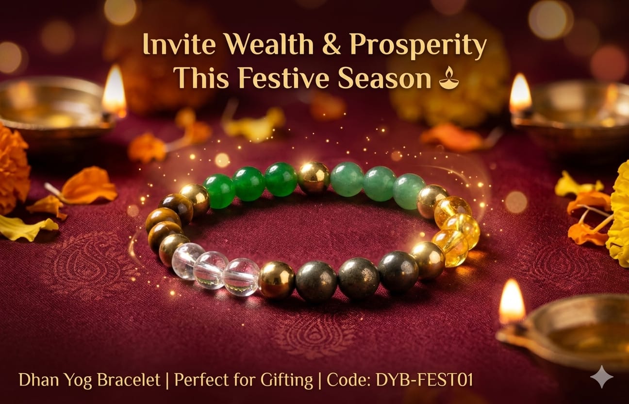 Dhan Yog Bracelet featuring 3 Clear Quartz beads for energy amplification and manifestation power
