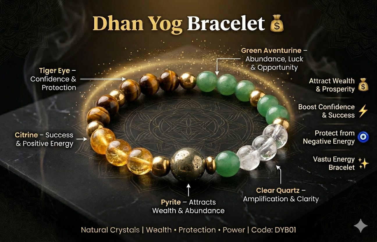 Dhan Yog Bracelet crystal benefits with Citrine for wealth, Pyrite for abundance and Aventurine for luck