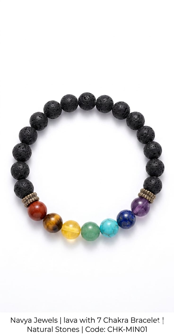 Lava stone 7 chakra bracelet with matte black beads and colorful chakra stones for energy balance