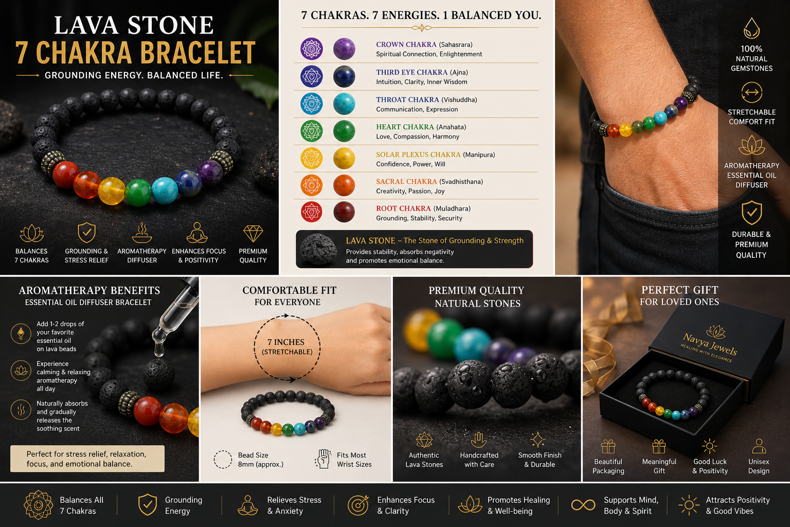 Lava stone 7 chakra bracelet perfect for gifting wellness, healing and positive energy