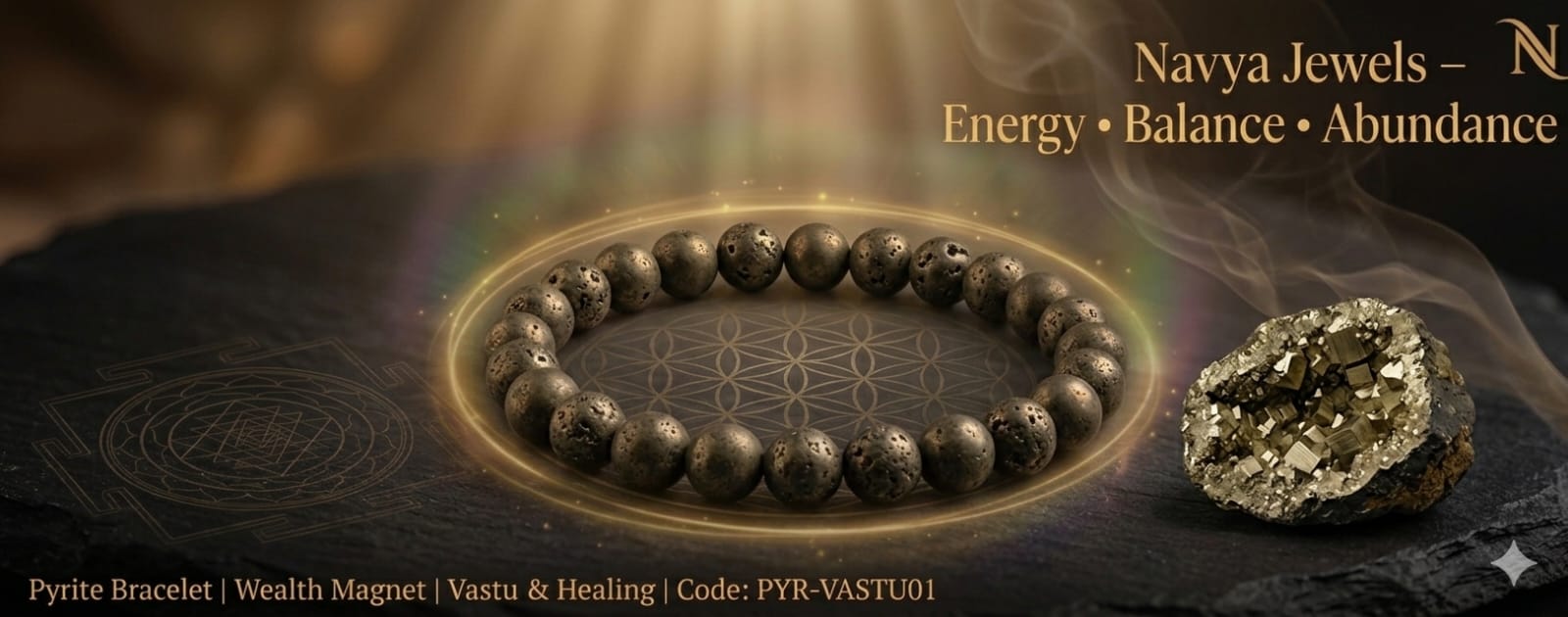 Close-up of natural pyrite beads bracelet showing metallic shine and raw crystal texture