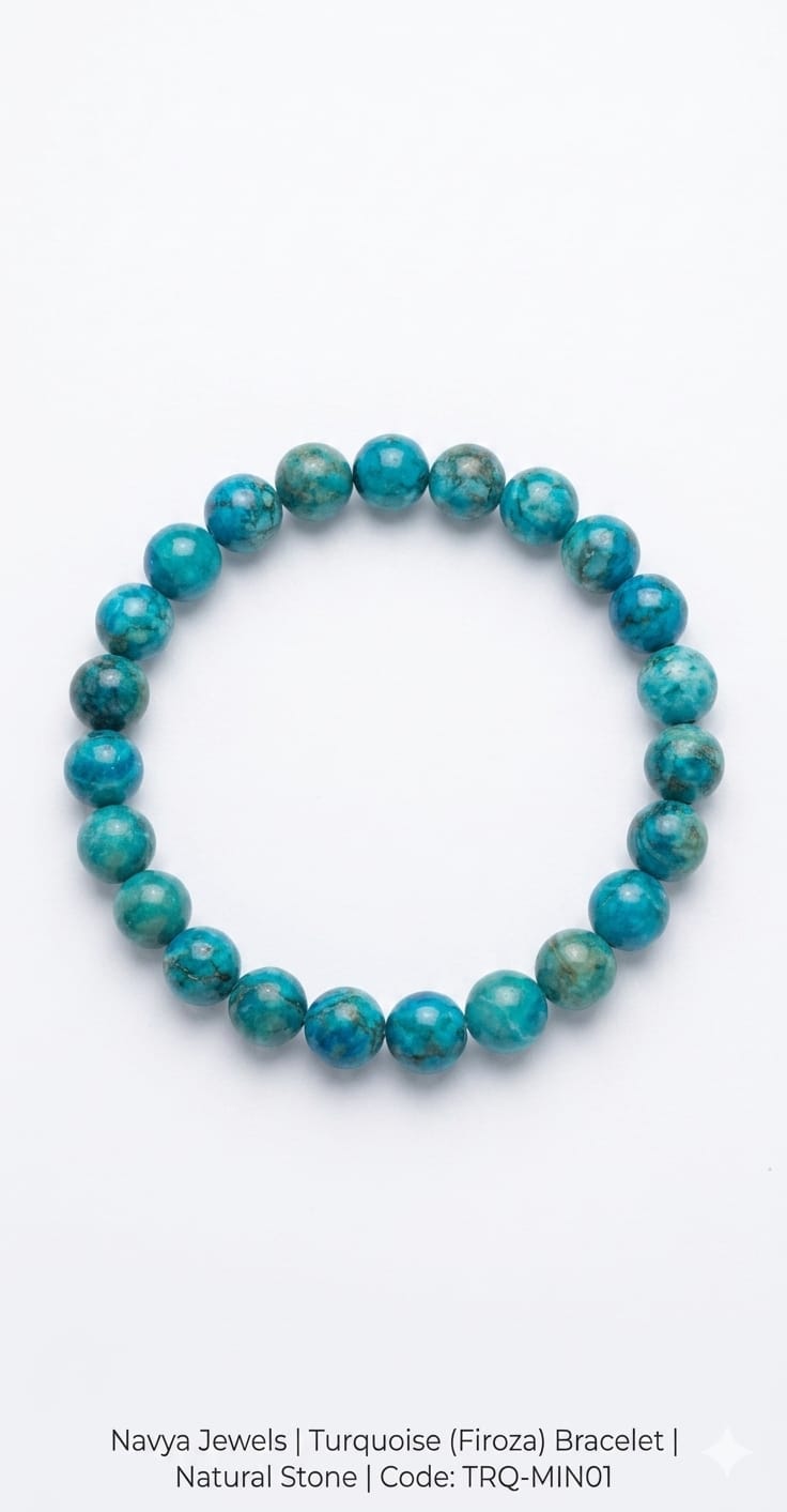 Close up of natural turquoise gemstone bracelet showing unique blue patterns and polished beads