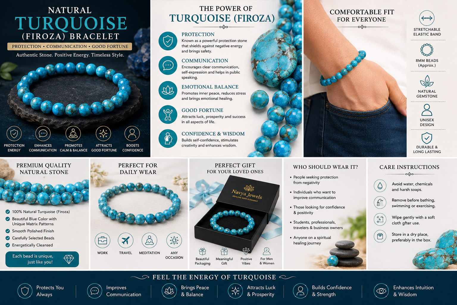 Natural Turquoise (Firoza) Bracelet infographic showing protection, communication, emotional balance, good fortune, confidence, gemstone benefits, gift packaging and care instructions