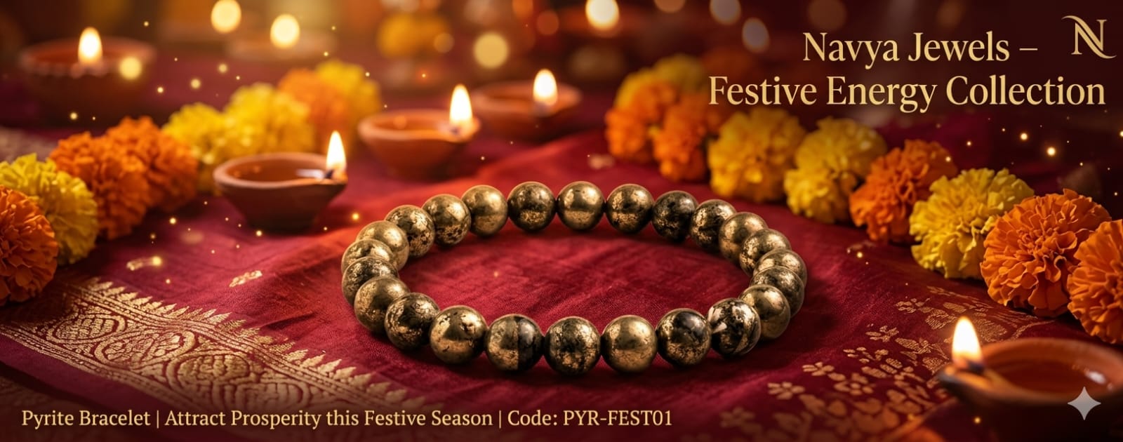 Pyrite bracelet for prosperity and good luck in festive setting with warm traditional decor